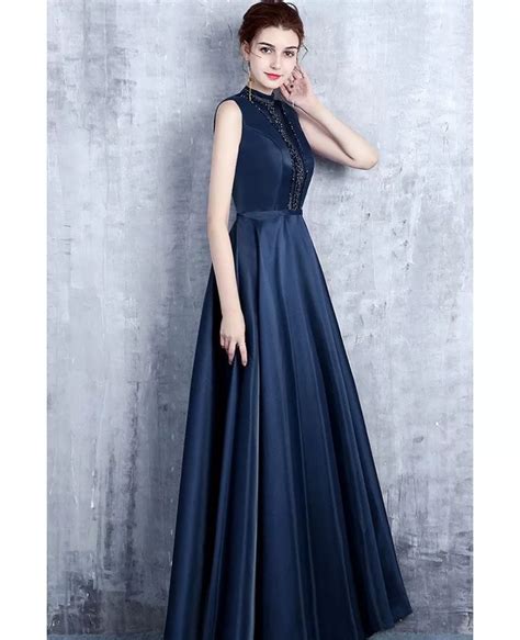 navy blue high neck dress.